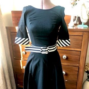 Tea length 50s style dress with striped belt/cuffs